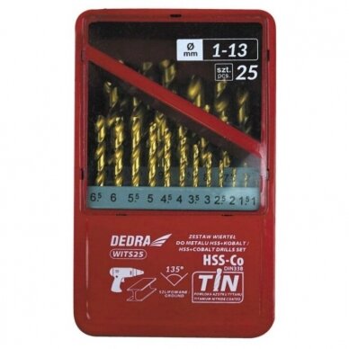 Metalo gražtų komplektas DEDRA WITS25 HSS+kobalt+TiN, 135°, 25vnt Metalo gražtų komplektas DEDRA WITS25 HSS+kobalt+TiN, 135°, 25vnt