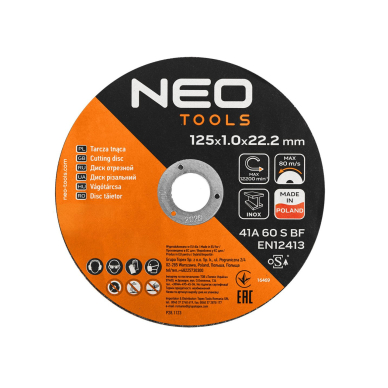 Metalo/INOX pjovimo diskai 125 x 1,0 x 22,2mm, 41 A60-S-BF, 100 vnt. kibiras. Pagaminta PL 4