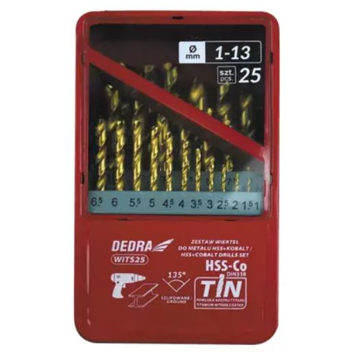 Metalo gražtų komplektas DEDRA WITS25 HSS+kobalt+TiN, 135°, 25vnt 1 Metalo gražtų komplektas DEDRA WITS25 HSS+kobalt+TiN, 135°, 25vnt 1