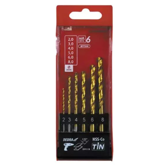 Metalo gražtų komplektas DEDRA WITS06 HSS+kobalt+TiN, 135°, 6vnt 1 Metalo gražtų komplektas DEDRA WITS06 HSS+kobalt+TiN, 135°, 6vnt 1