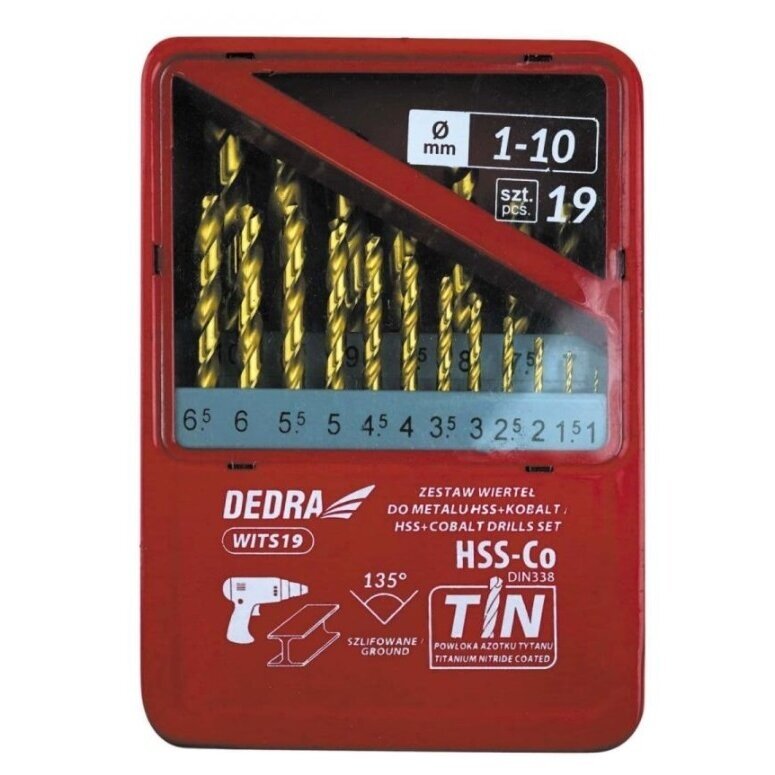 Metalo gražtų komplektas DEDRA WITS19 HSS+kobalt+TiN, 135°, 19vnt Metalo gražtų komplektas DEDRA WITS19 HSS+kobalt+TiN, 135°, 19vnt