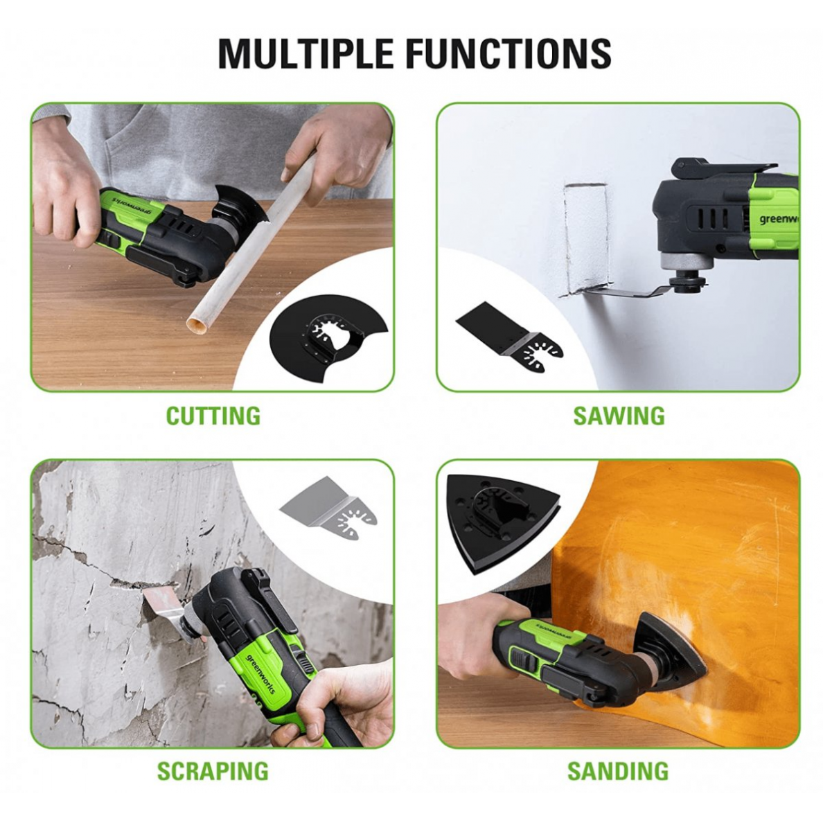 Akumuliatorinis daugiafunkcinis įrankis Greenworks G24MT, 24 V, (tik įrankis) 10 Akumuliatorinis daugiafunkcinis įrankis Greenworks G24MT, 24 V, (tik įrankis) 10