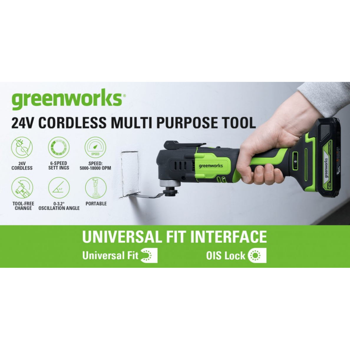 Akumuliatorinis daugiafunkcinis įrankis Greenworks G24MT, 24 V, (tik įrankis) 1 Akumuliatorinis daugiafunkcinis įrankis Greenworks G24MT, 24 V, (tik įrankis) 1