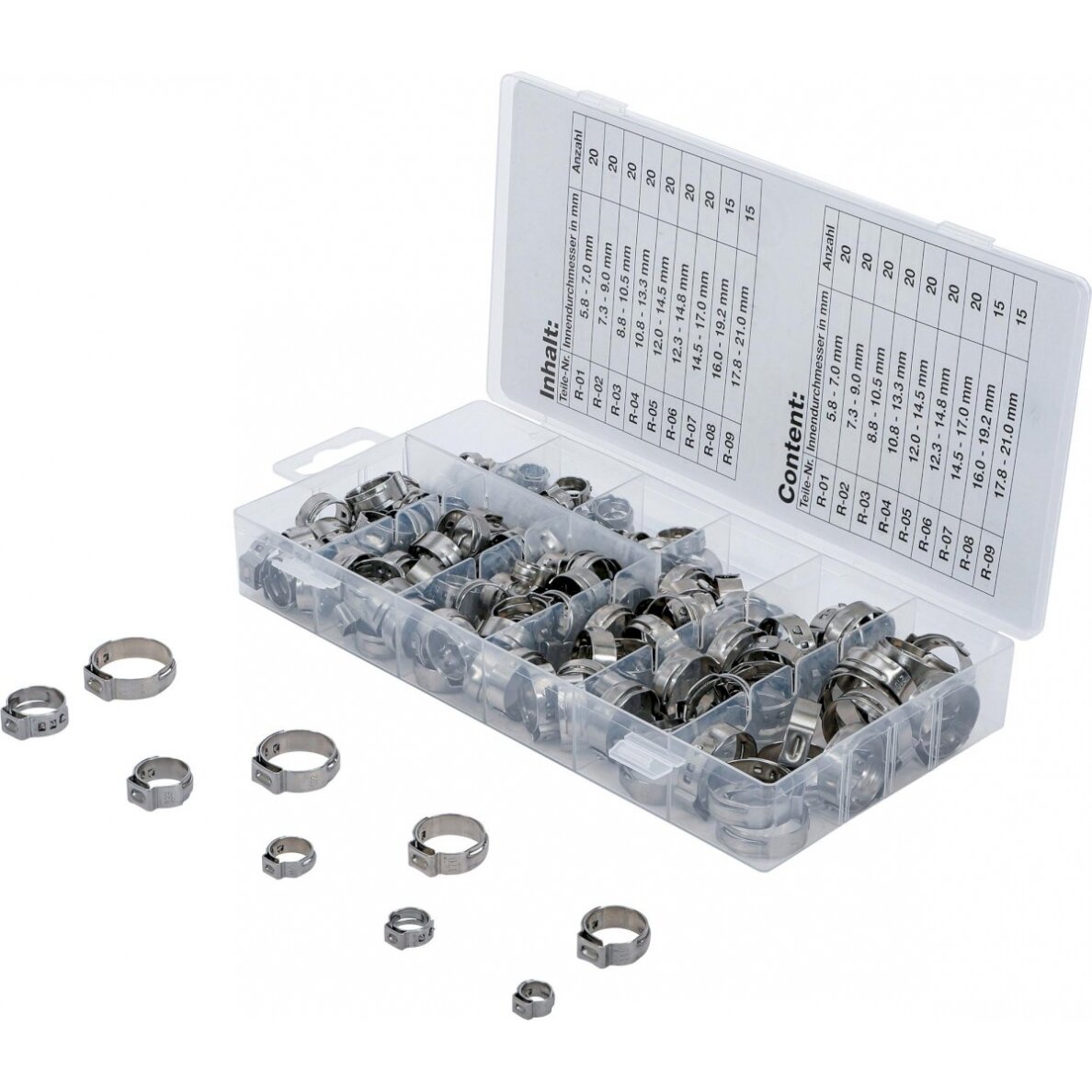 Nerūdijančio plieno žarnų sąvaržų asortimentas | Ø 5.8 - 21 mm | 170 vnt. (14115) Nerūdijančio plieno žarnų sąvaržų asortimentas | Ø 5.8 - 21 mm | 170 vnt. (14115)