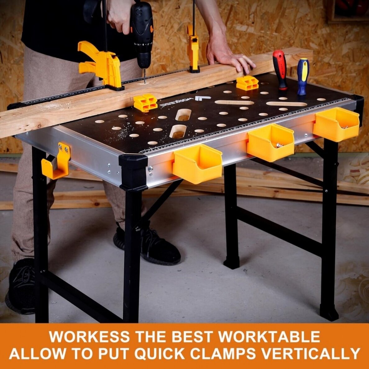 Nešiojamas darbo stalas su dėžutėmis, jungtimis ir F tipo spaustuvais (WB33C) 1 Nešiojamas darbo stalas su dėžutėmis, jungtimis ir F tipo spaustuvais (WB33C) 1