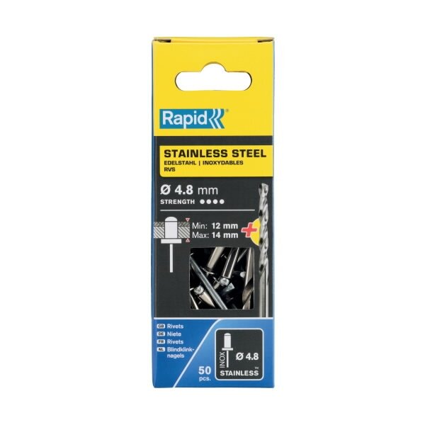 Nerūdijančio plieno kniedės 4,8x18mm 50vnt + Drill C, Rapid 1 Nerūdijančio plieno kniedės 4,8x18mm 50vnt + Drill C, Rapid 1