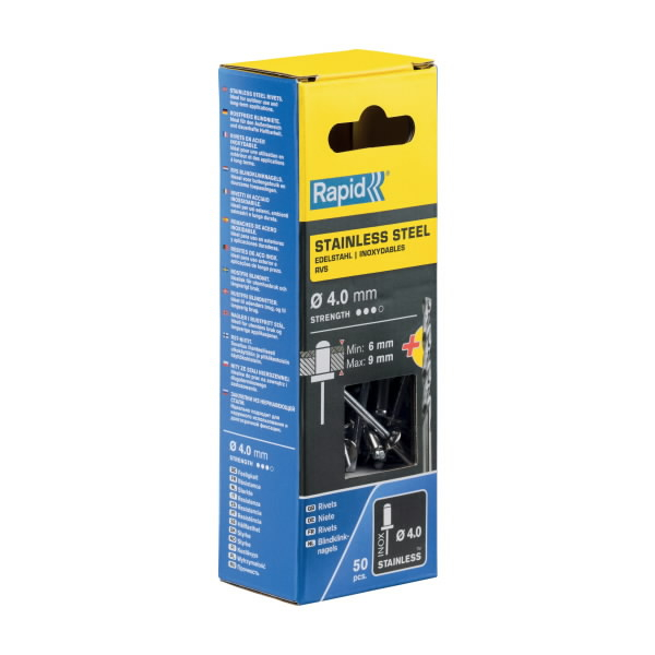 Nerūdijančio plieno kniedės4,0x12mm 50pcs + Drill C, Rapid 1