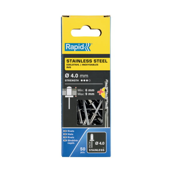 Nerūdijančio plieno kniedės4,0x12mm 50pcs + Drill C, Rapid 2 Nerūdijančio plieno kniedės4,0x12mm 50pcs + Drill C, Rapid 2
