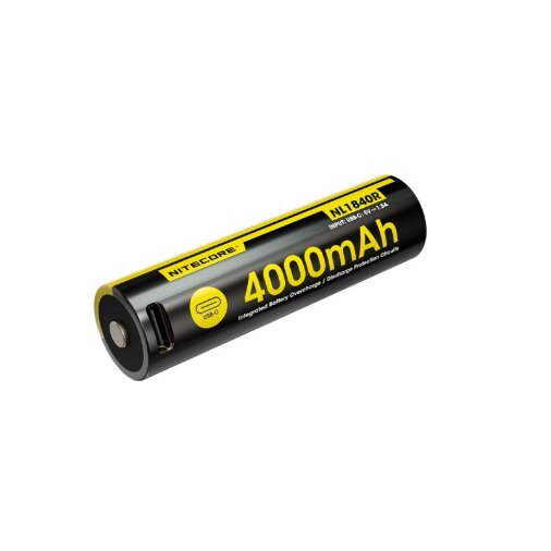 Nitecore NL1840R įkraunamas 18650 Li-ion akumuliatorius – 4000 mAh, įkrovimas per USB-C, nuolatinė 8 A iškrova, nikeliu dengtas nerūdijantis plienas