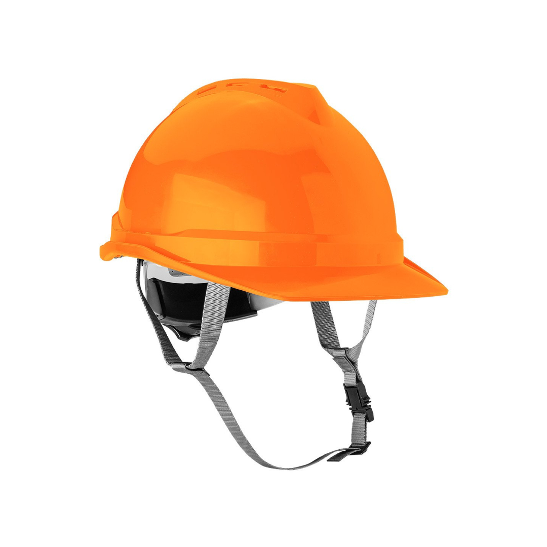 Oranžinis pramoninis šalmas su dirželiu ant smakro