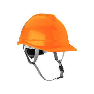 Oranžinis pramoninis šalmas su dirželiu ant smakro Oranžinis pramoninis šalmas su dirželiu ant smakro