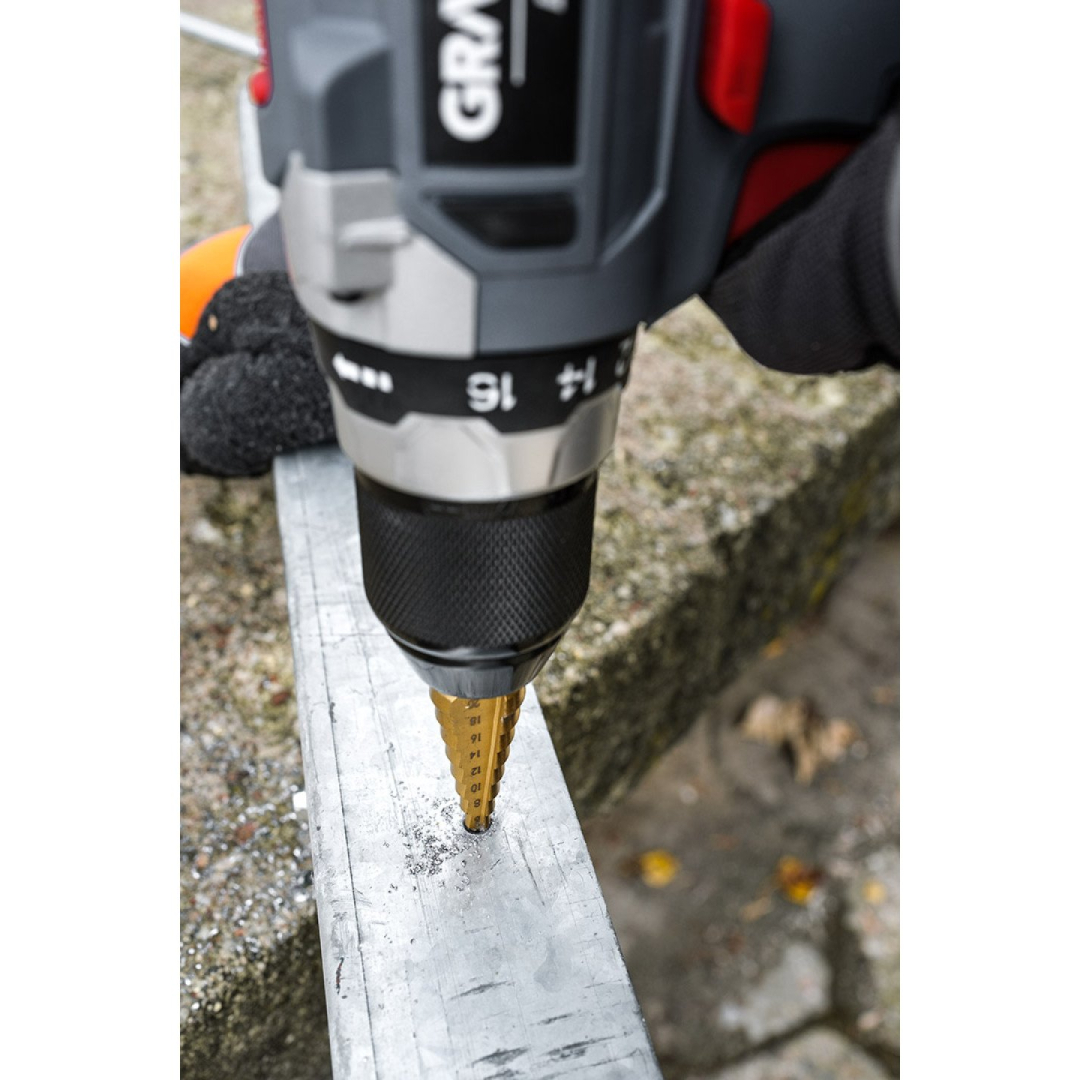 Pakopiniai grąžtai: 4-12, 4-20, 4-32 mm, alavo, 3 vnt. 3 Pakopiniai grąžtai: 4-12, 4-20, 4-32 mm, alavo, 3 vnt. 3