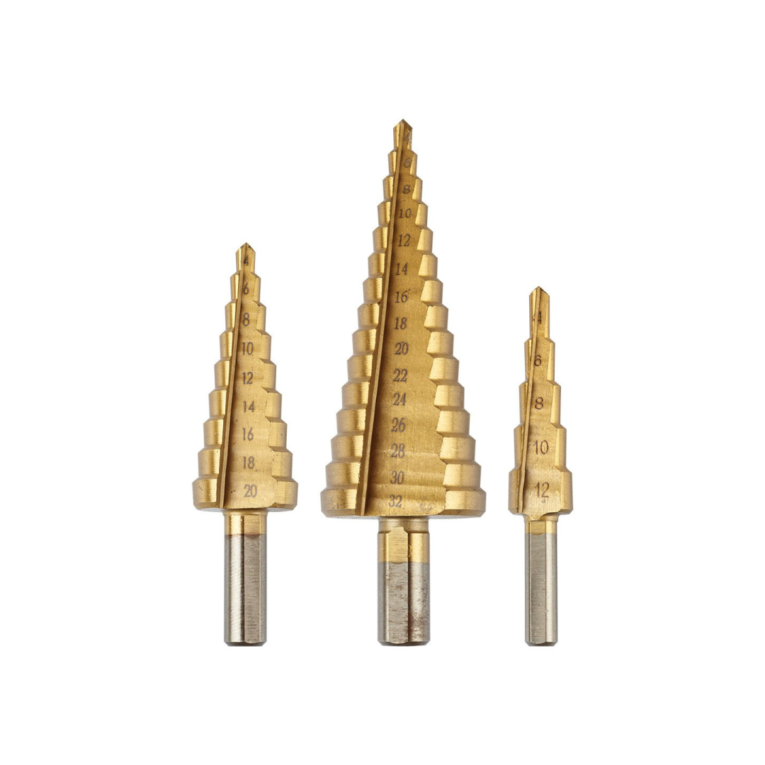 Pakopiniai grąžtai: 4-12, 4-20, 4-32 mm, alavo, 3 vnt.