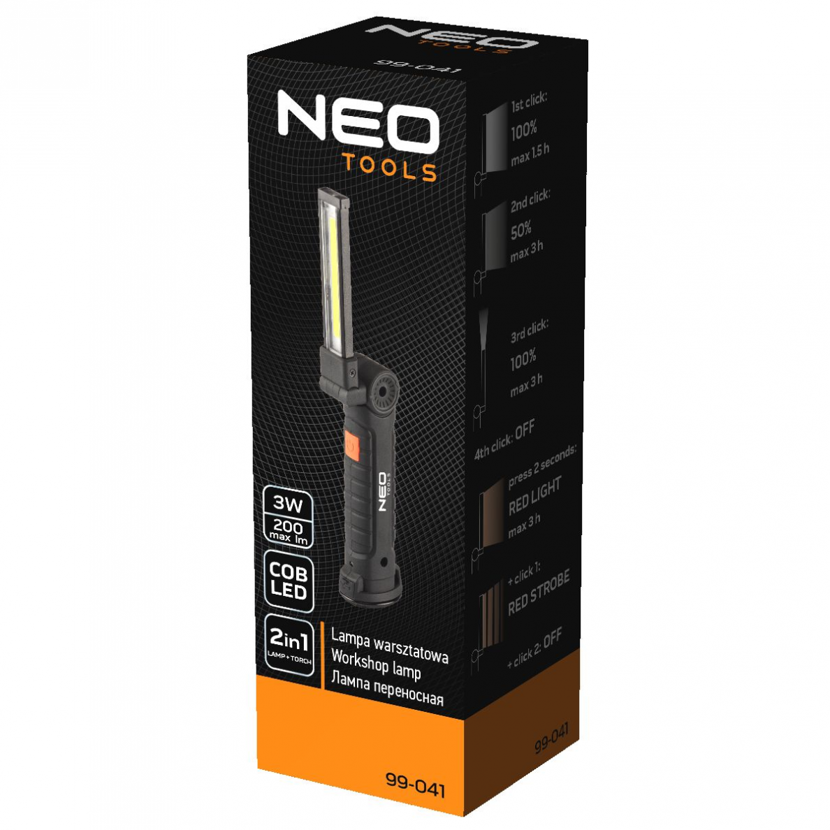 Pakraunamas dirbtuvių prožektorius Neo tools COB, 200lm + žibintuvėlis 3