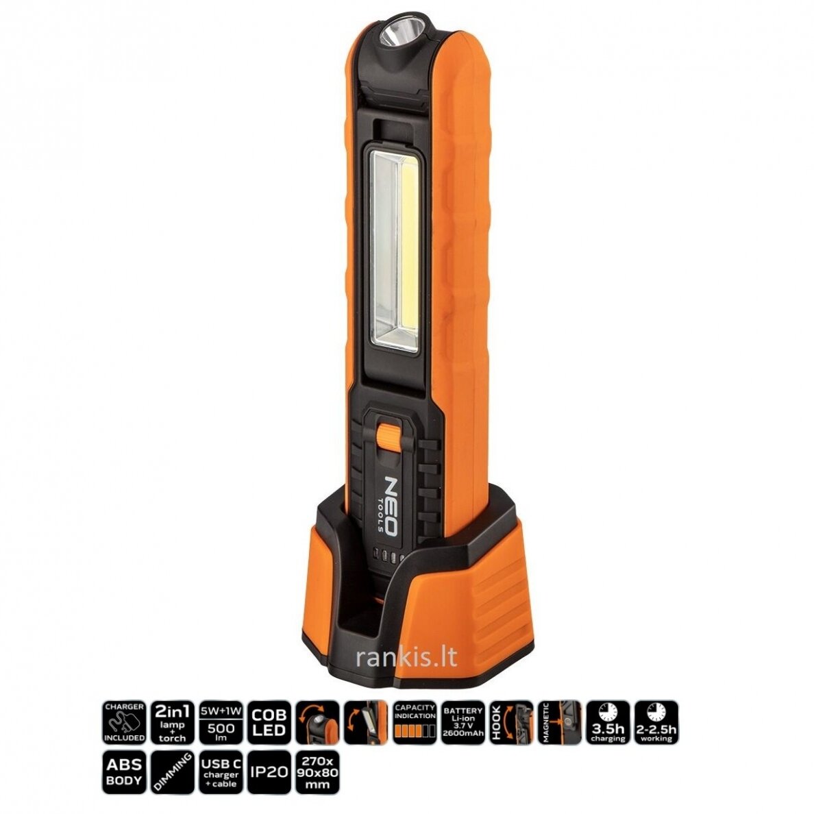 Pakraunamas dirbtuvių prožektorius Neo tools, COB, 500lm + pagrindas + pakrovėjas Pakraunamas dirbtuvių prožektorius Neo tools, COB, 500lm + pagrindas + pakrovėjas