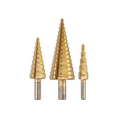 Pakopiniai grąžtai: 4-12, 4-20, 4-32 mm, alavo, 3 vnt. Pakopiniai grąžtai: 4-12, 4-20, 4-32 mm, alavo, 3 vnt.