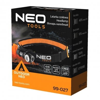 Pakraunamas LED prožektorius ant galvos Neo tools CREE XPG3 LED, USB 600lm 6