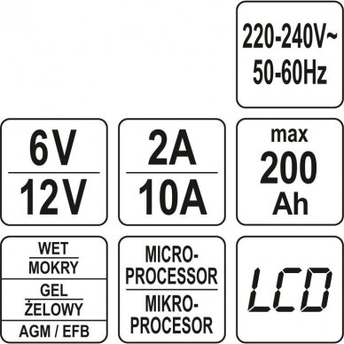Pakrovėjas 6 V ir 12 V akumuliatorių įkrovimui Yato, 6V/2A, 12V/10A 6 Pakrovėjas 6 V ir 12 V akumuliatorių įkrovimui Yato, 6V/2A, 12V/10A 6