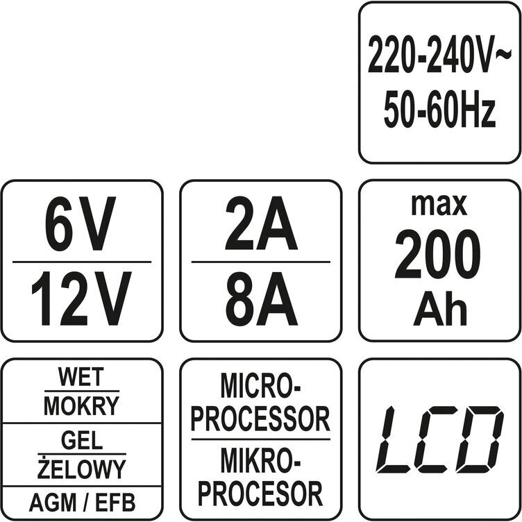 Pakrovėjas 6 V ir 12 V akumuliatorių įkrovimui Yato, 6V/2A, 12V/8A 6 Pakrovėjas 6 V ir 12 V akumuliatorių įkrovimui Yato, 6V/2A, 12V/8A 6