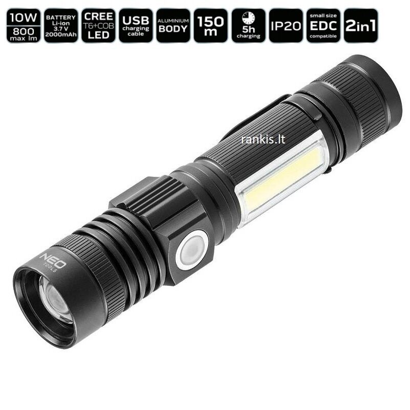 Pakraunamas žibintuvėlis Neo tools CREE T6 LED, USB 800lm Pakraunamas žibintuvėlis Neo tools CREE T6 LED, USB 800lm