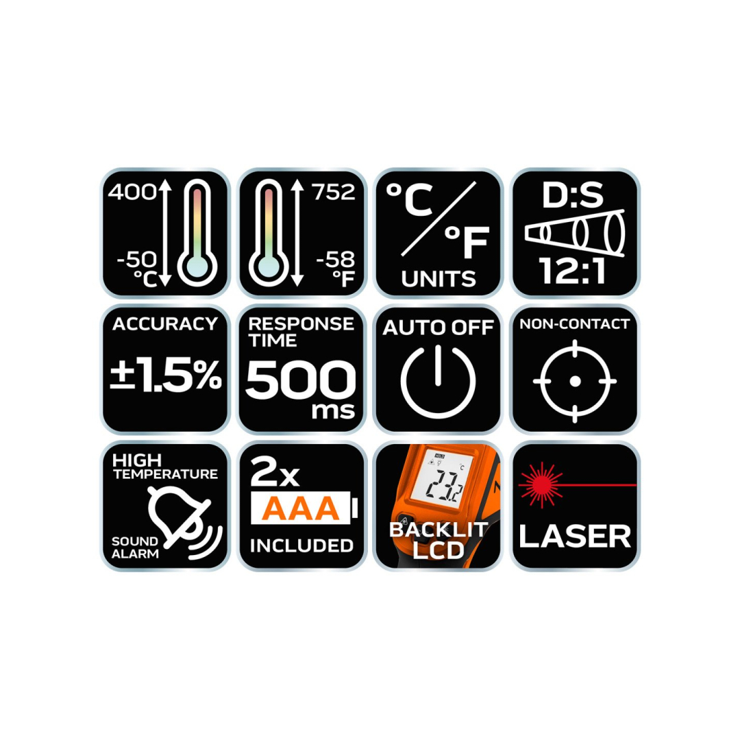 Pirometras, temperatūros matavimo prietaisas (C-50~400, F-58~752) 7