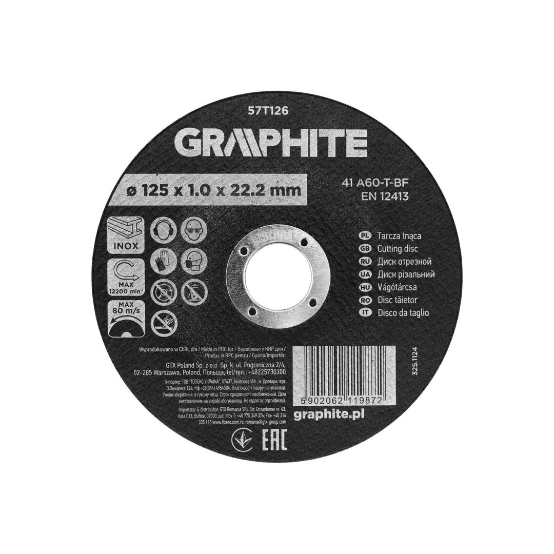 Pjaustymo ratas, metalo/Inox 125 x 1,0 x 22,2 mm, 41 A60-T-BF, kartono 110 dalių