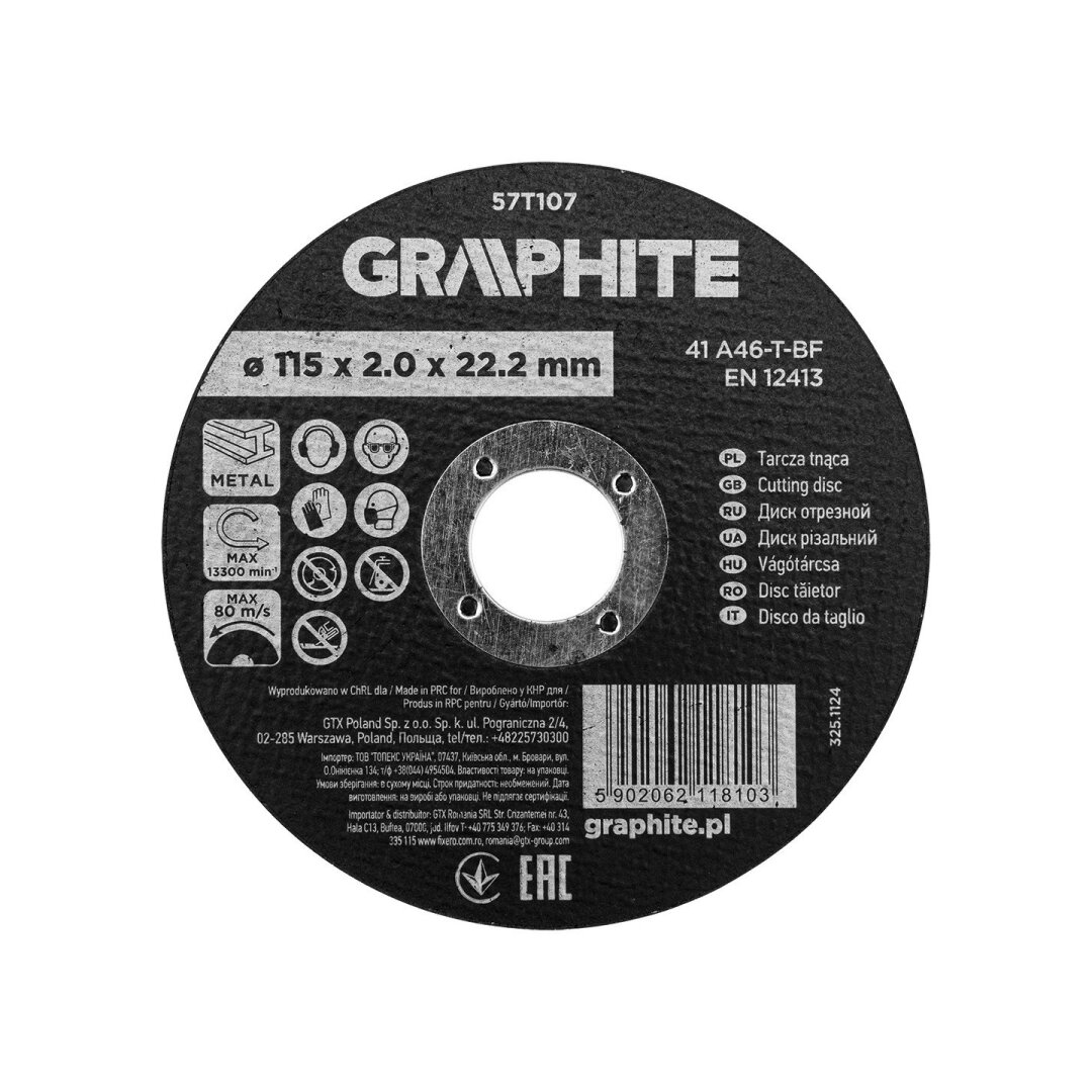 Pjovimo diskas, aliuminio oksidas metalui 115 x 2,0 x 22,2 mm, 41 A46-T-BF Pjovimo diskas, aliuminio oksidas metalui 115 x 2,0 x 22,2 mm, 41 A46-T-BF