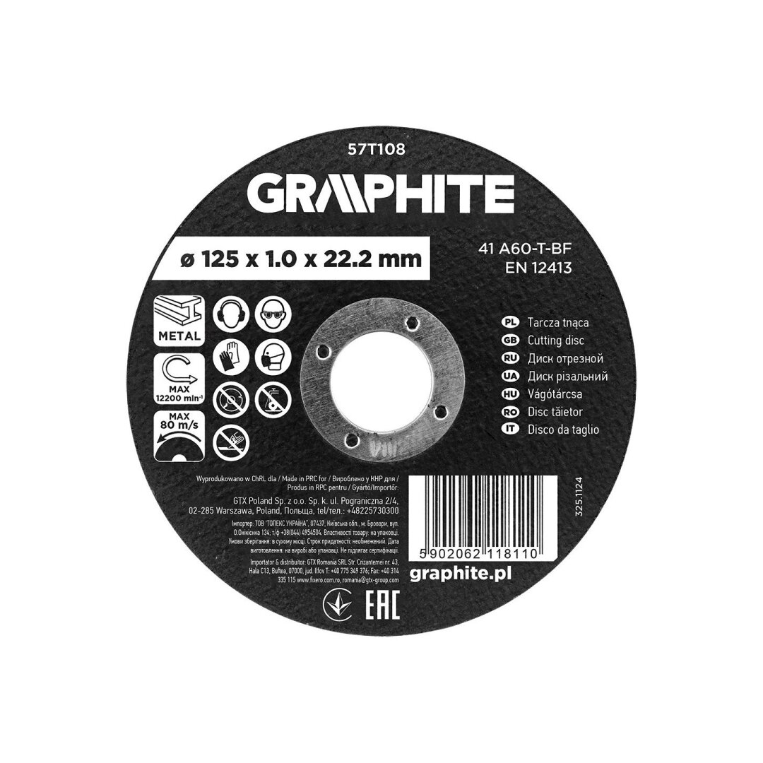 Pjovimo diskas, aliuminio oksidas metalui 125 x 1,0 x 22,2 mm, 41 A60-T-BF Pjovimo diskas, aliuminio oksidas metalui 125 x 1,0 x 22,2 mm, 41 A60-T-BF