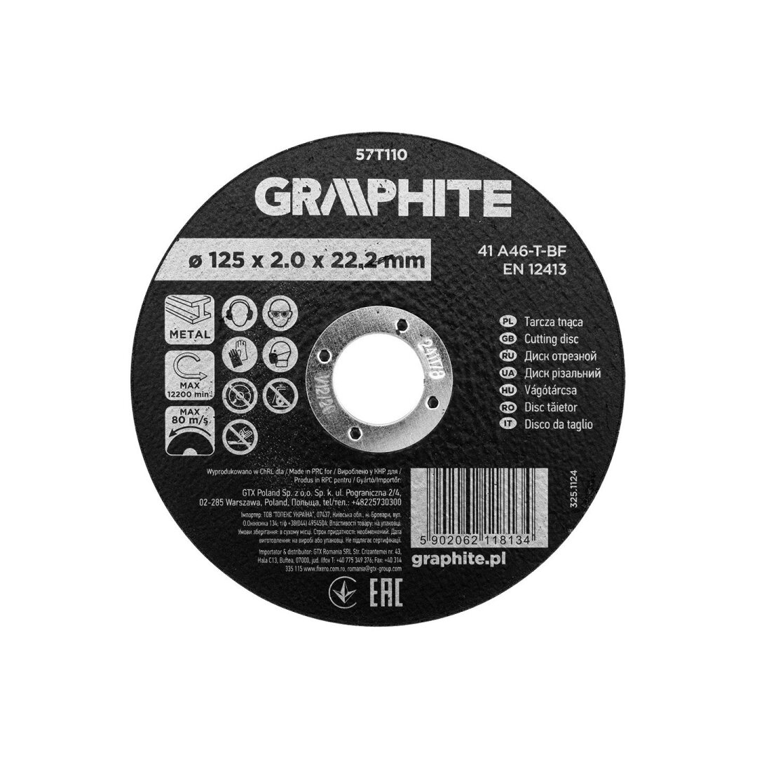 Pjovimo diskas, aliuminio oksidas metalui 125 x 2,0 x 22,2 mm, 41 A46-T-BF Pjovimo diskas, aliuminio oksidas metalui 125 x 2,0 x 22,2 mm, 41 A46-T-BF