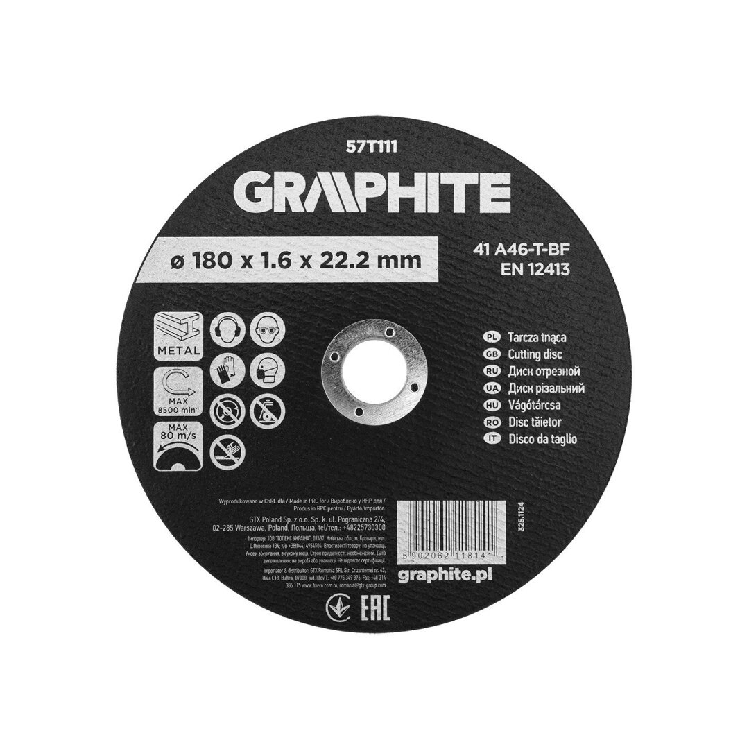 Pjovimo diskas, aliuminio oksidas metalui 180 x 1,6 x 22,2 mm, 41 A46-T-BF