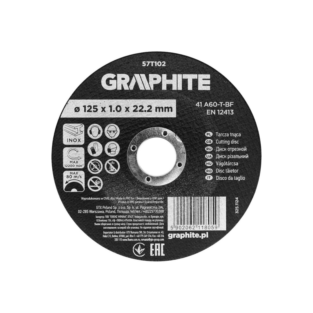 Pjovimo diskas, aliuminio oksidas, Metalui/INOX 125 x 1.0 x 22.2 mm, 41 A60-T-BF Pjovimo diskas, aliuminio oksidas, Metalui/INOX 125 x 1.0 x 22.2 mm, 41 A60-T-BF