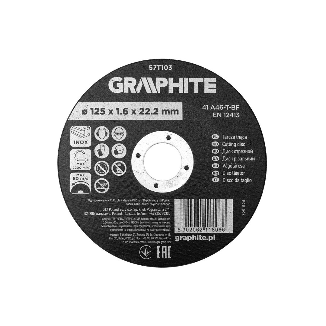 Pjovimo diskas, aliuminio oksidas, Metalui/INOX 125 x 1.6 x 22.2 mm, 41 A46-T-BF