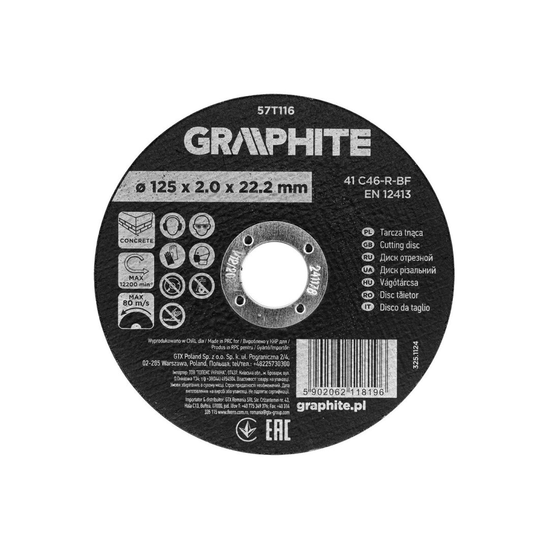 Pjovimo diskas, aliuminio oksidas, skirtas 125 x 2,0 x 22,2 mm, 41 C46-R-BF Pjovimo diskas, aliuminio oksidas, skirtas 125 x 2,0 x 22,2 mm, 41 C46-R-BF