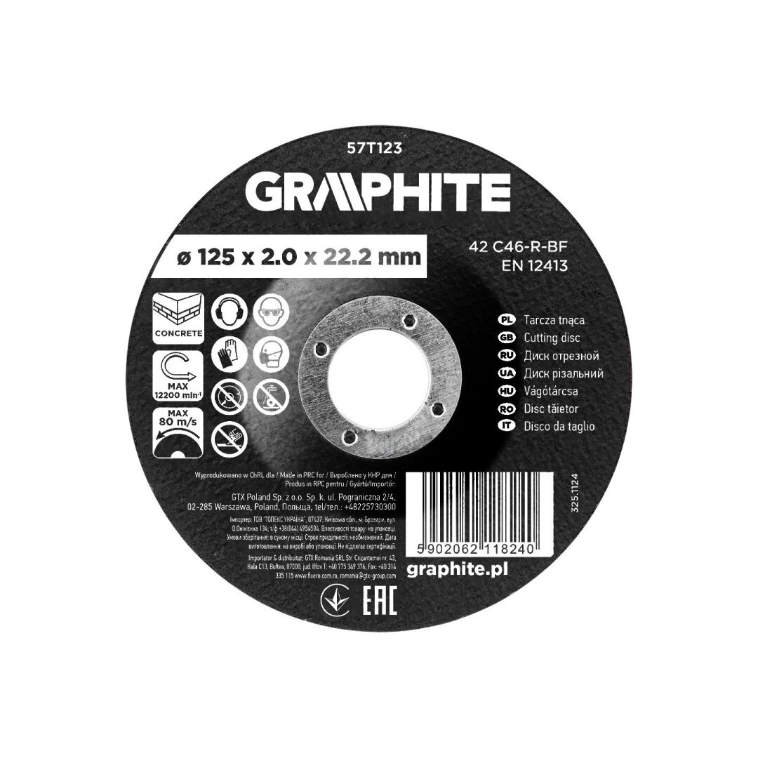 Pjovimo diskas, betono aliuminio oksidas, išgaubtas 125 x 2,0 x 22,2 mm, 42 C46-R-BF Pjovimo diskas, betono aliuminio oksidas, išgaubtas 125 x 2,0 x 22,2 mm, 42 C46-R-BF