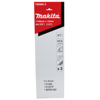Pjovimo juosta Makita 792560-3, 13x0,5x1140mm, 14 Tpi, HCS, >5mm, 3 vnt. 2 Pjovimo juosta Makita 792560-3, 13x0,5x1140mm, 14 Tpi, HCS, >5mm, 3 vnt. 2