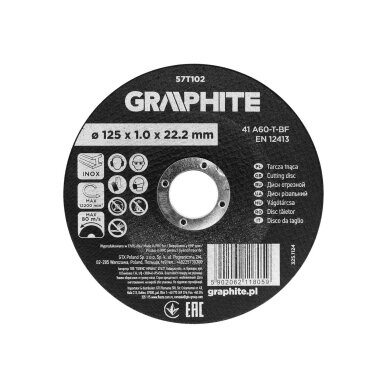 Pjovimo diskas, aliuminio oksidas, Metalui/INOX 125 x 1.0 x 22.2 mm, 41 A60-T-BF Pjovimo diskas, aliuminio oksidas, Metalui/INOX 125 x 1.0 x 22.2 mm, 41 A60-T-BF