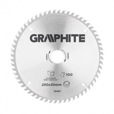 Pjovimo diskas aliuminiui Graphite 55H611, 250X30, 100 dantukų Pjovimo diskas aliuminiui Graphite 55H611, 250X30, 100 dantukų