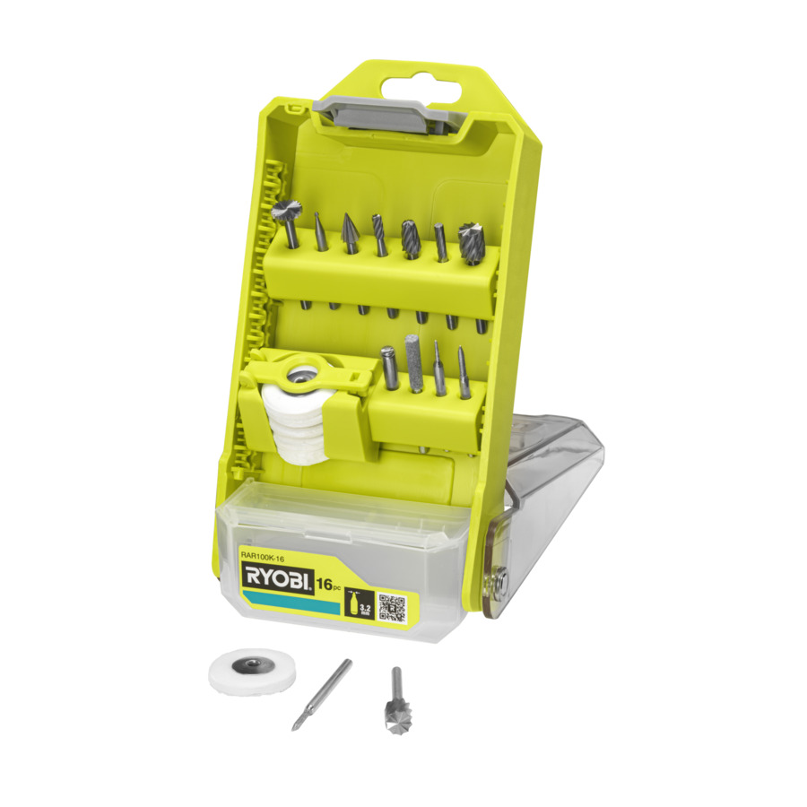 Drožybos ir graviravimo rinkinys Ryobi RAR100K-16, 3,2 mm / 1/8 colio, 16 vnt. Drožybos ir graviravimo rinkinys Ryobi RAR100K-16, 3,2 mm / 1/8 colio, 16 vnt.