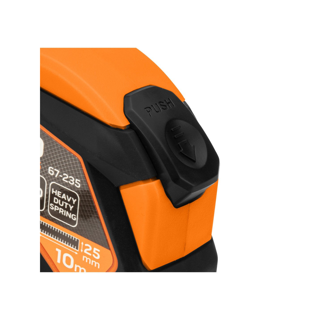 Plieninė ruletė 10 m x 25 mm, automatinis užraktas, stabdymo mygtukas, magnetas 7