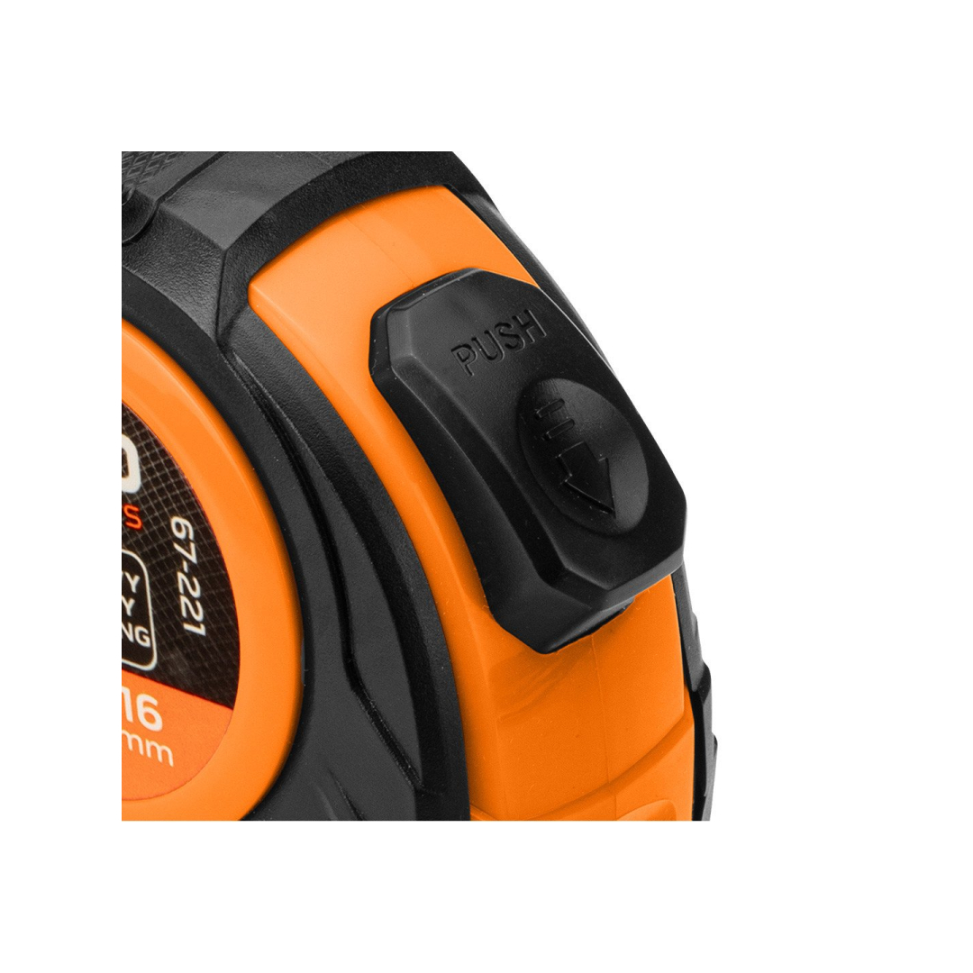 Plieninė ruletė 3 m x 16 mm, automatinis užraktas, du stabdymo mygtukai 8 Plieninė ruletė 3 m x 16 mm, automatinis užraktas, du stabdymo mygtukai 8