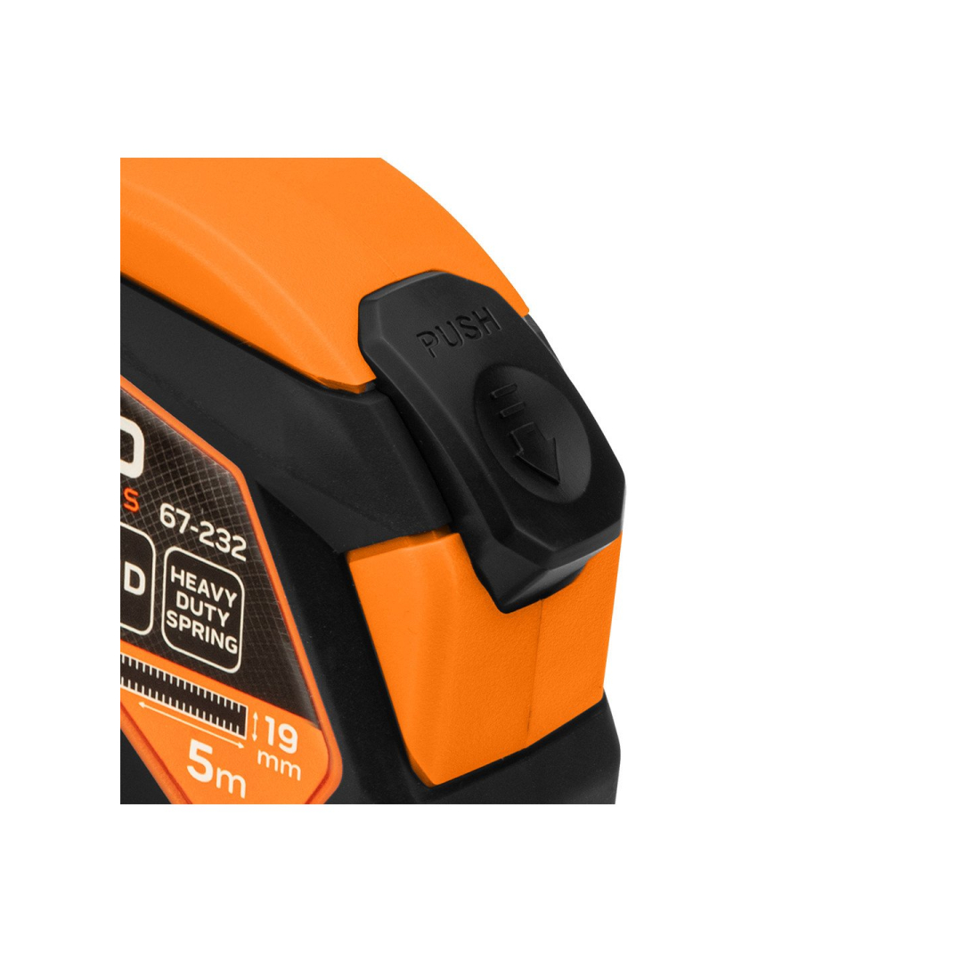 Plieninė ruletė 5 m x 19 mm, automatinis užraktas, stabdymo mygtukas, magnetas 7