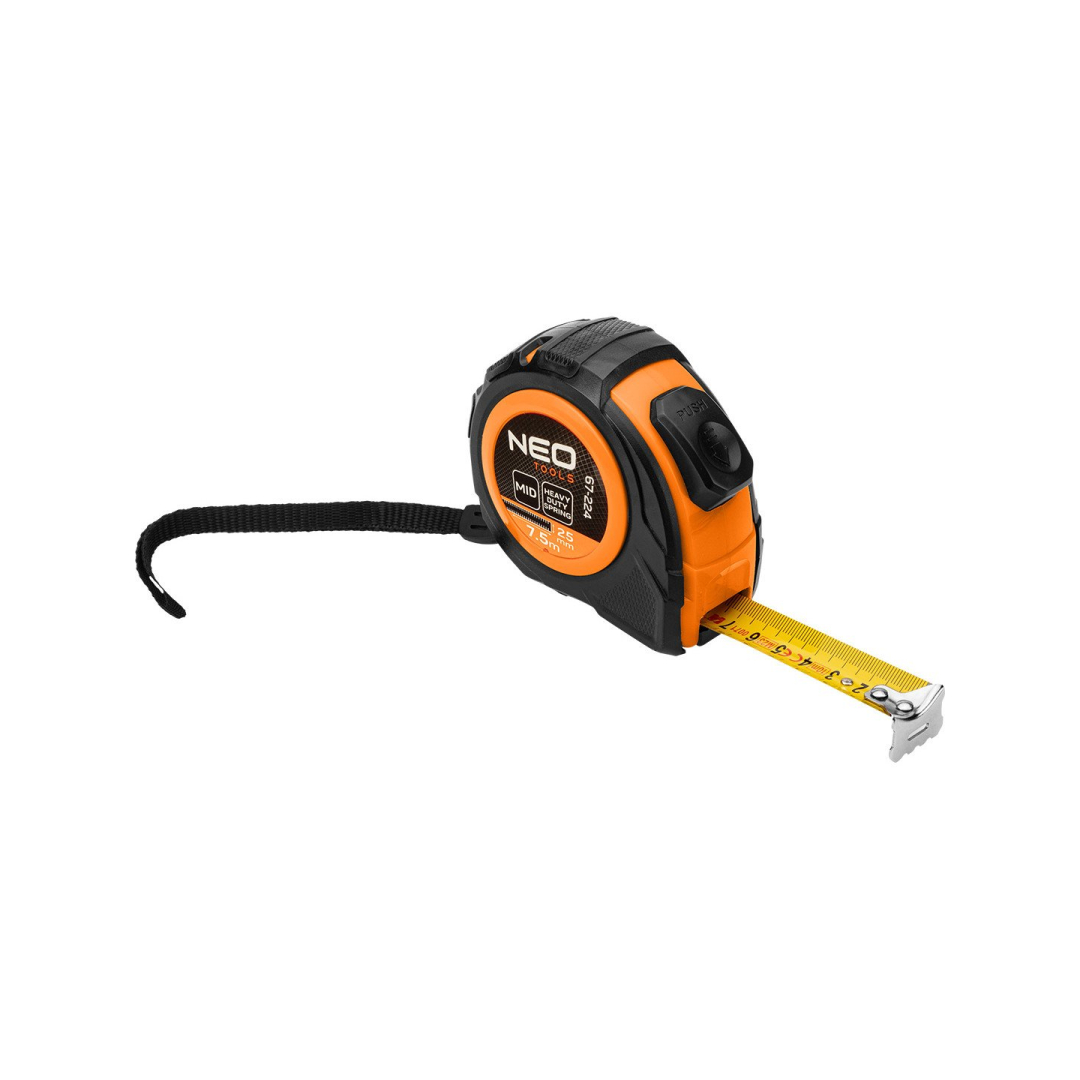 Plieninė ruletė 7,5 m x 25 mm, automatinis užraktas, du stabdymo mygtukai