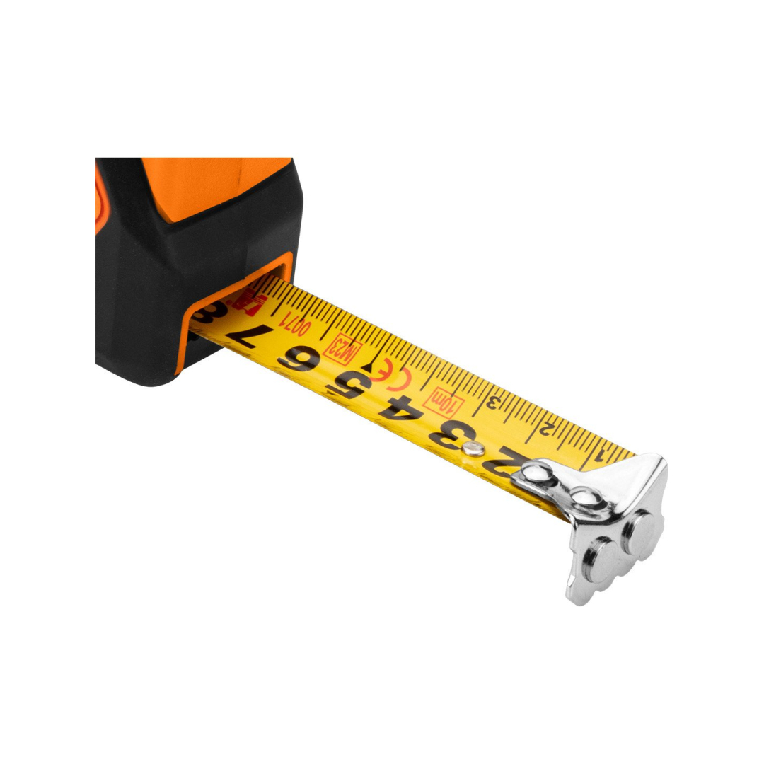 Plieninė ruletė 7,5 m x 25 mm, automatinis užraktas, stabdymo mygtukas, magnetas 6