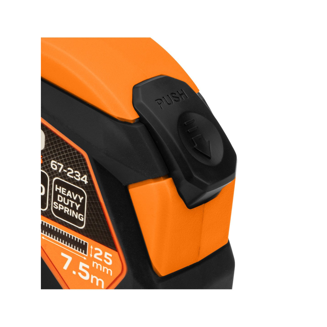 Plieninė ruletė 7,5 m x 25 mm, automatinis užraktas, stabdymo mygtukas, magnetas 7 Plieninė ruletė 7,5 m x 25 mm, automatinis užraktas, stabdymo mygtukas, magnetas 7