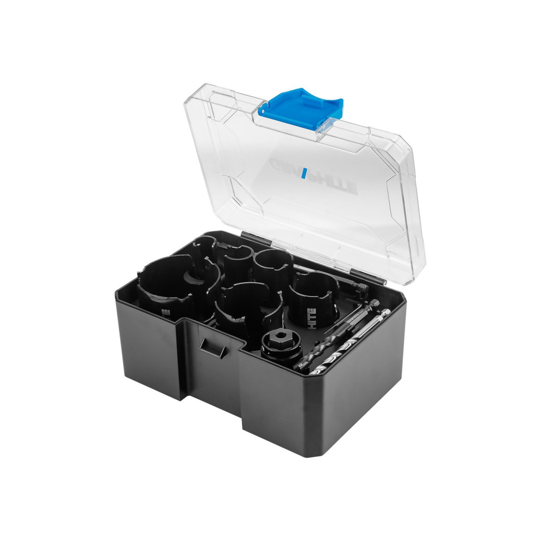 Plieniniai skylių pjūklai su karbido antgaliais (19, 25, 32, 38, 38, 51, 64 mm), 10 dalių rinkinys. Plieniniai skylių pjūklai su karbido antgaliais (19, 25, 32, 38, 38, 51, 64 mm), 10 dalių rinkinys.