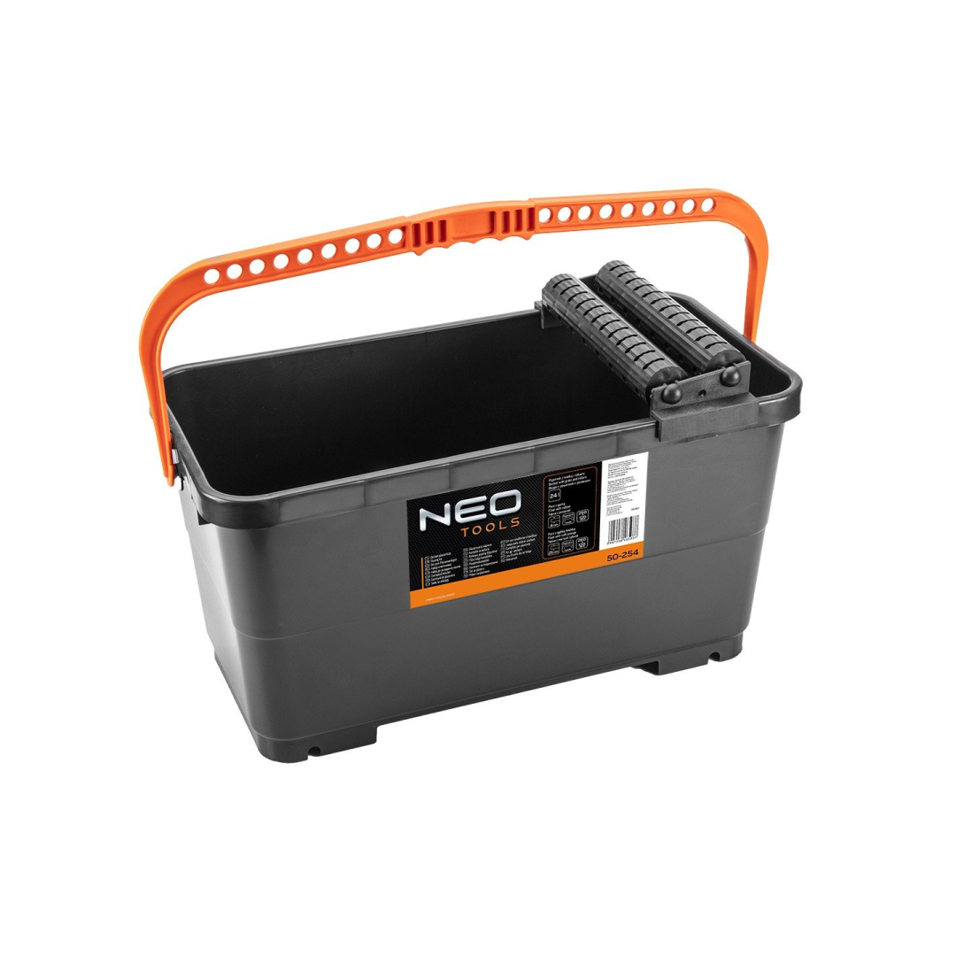 Plytelių klojimo rinkinys: 24 l talpa su grotelėmis ir ritinėliais, guminė plūdė, minkšta kempininė plūdė 1