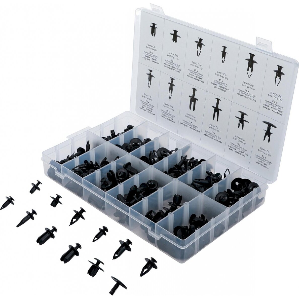 Plastikinių įspaudimo tipo kniedžių asortimentas automobiliams Mazda, Honda, Ford, Nissan ir VW | 240 vnt. (9057) Plastikinių įspaudimo tipo kniedžių asortimentas automobiliams Mazda, Honda, Ford, Nissan ir VW | 240 vnt. (9057)