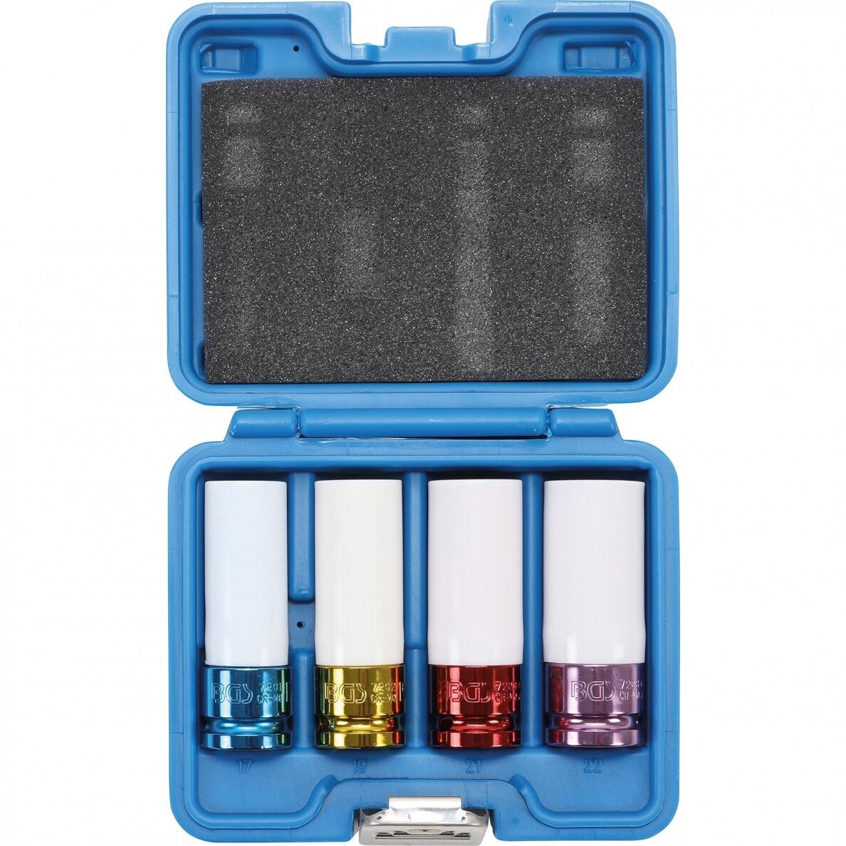 Plonasienių smūginių galvučių rinkinys su apsaugom BGS-technic 1/2", 17/19/21/22mm, 4 vnt. Plonasienių smūginių galvučių rinkinys su apsaugom BGS-technic 1/2", 17/19/21/22mm, 4 vnt.