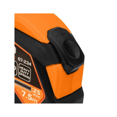 Plieninė ruletė 7,5 m x 25 mm, automatinis užraktas, stabdymo mygtukas, magnetas 7 Plieninė ruletė 7,5 m x 25 mm, automatinis užraktas, stabdymo mygtukas, magnetas 7