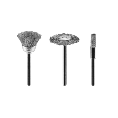 Plieninių vielinių šepetėlių rinkinys: galinis šepetėlis, taurinis šepetėlis, ratukinis šepetėlis, 3 vnt.